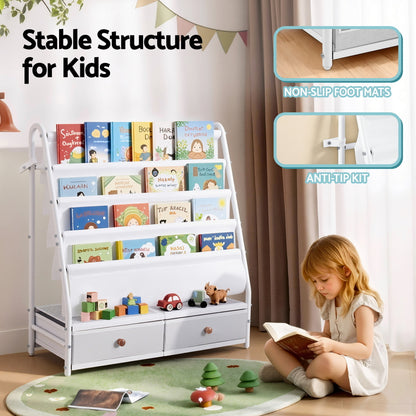 Keezi Kids Bookshelf Metal Storage Rack Toy Organiser Display Shelf Drawer White