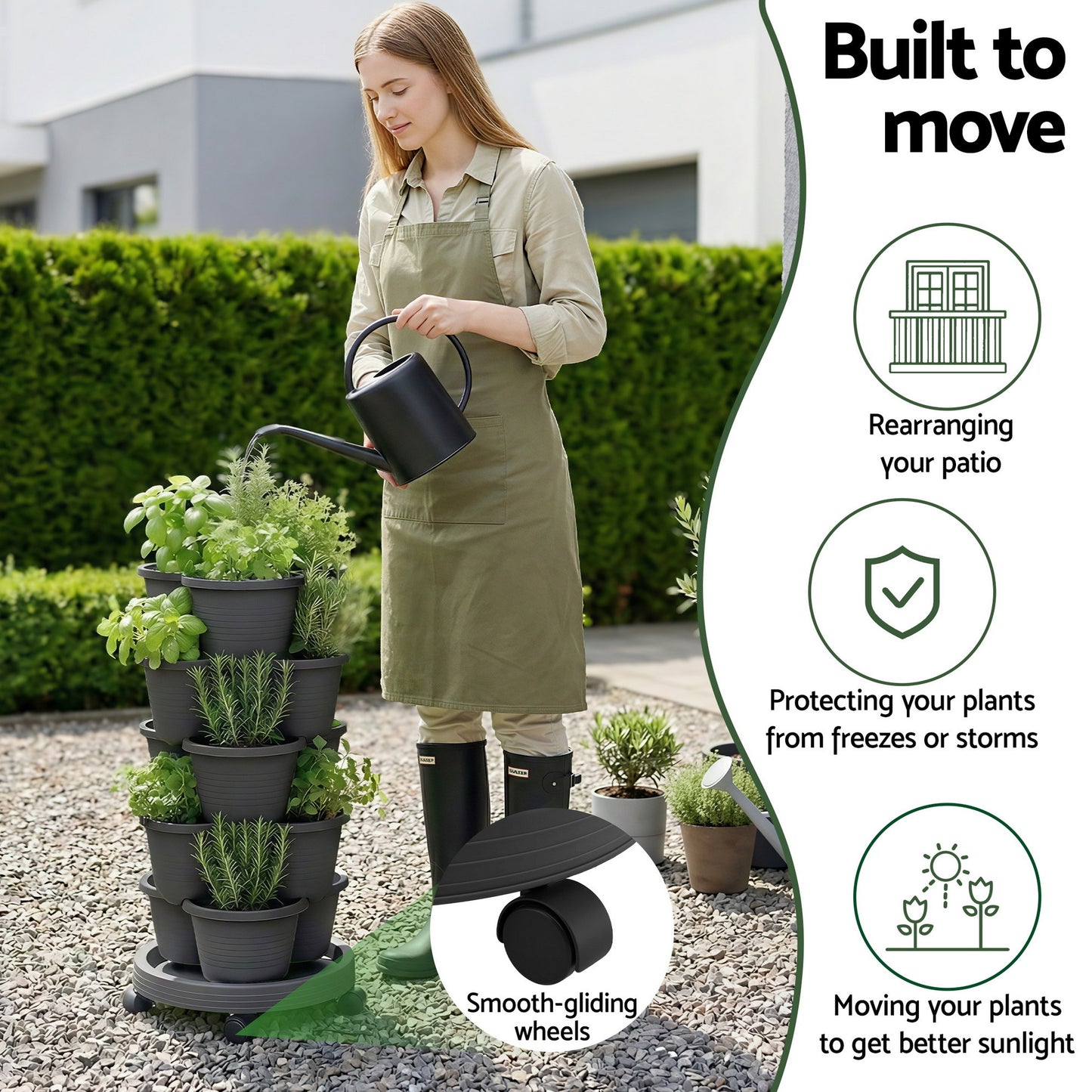 Green Fingers 5 Tier Vertical Garden Planter, Stackable Planters with 4 Wheels, Black, Raised Garden Bed, Garden Tower Indoor Outdoor, Auto Drainage System, for Strawberries, Herbs, Flower, Vegetables