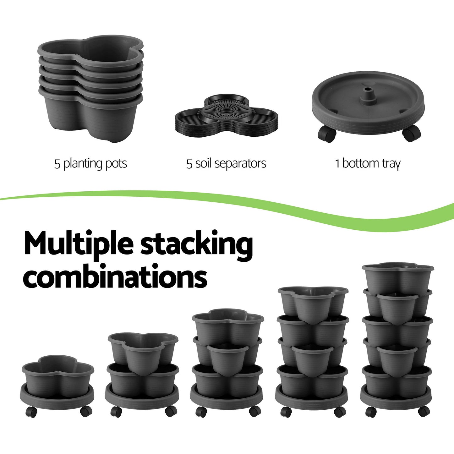 Green Fingers 5 Tier Vertical Garden Planter, Stackable Planters with 4 Wheels, Black, Raised Garden Bed, Garden Tower Indoor Outdoor, Auto Drainage System, for Strawberries, Herbs, Flower, Vegetables