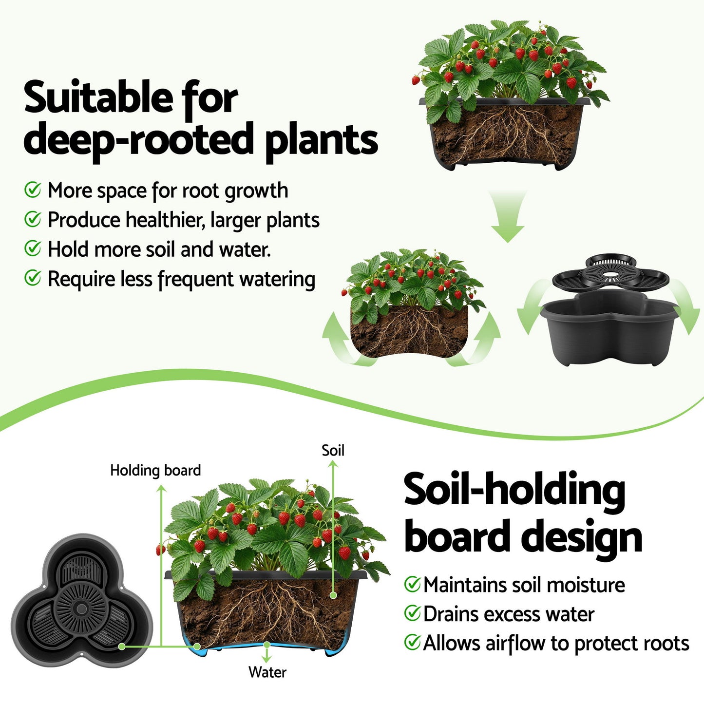 Green Fingers 5 Tier Vertical Garden Planter, Stackable Planters with 4 Wheels, Black, Raised Garden Bed, Garden Tower Indoor Outdoor, Auto Drainage System, for Strawberries, Herbs, Flower, Vegetables