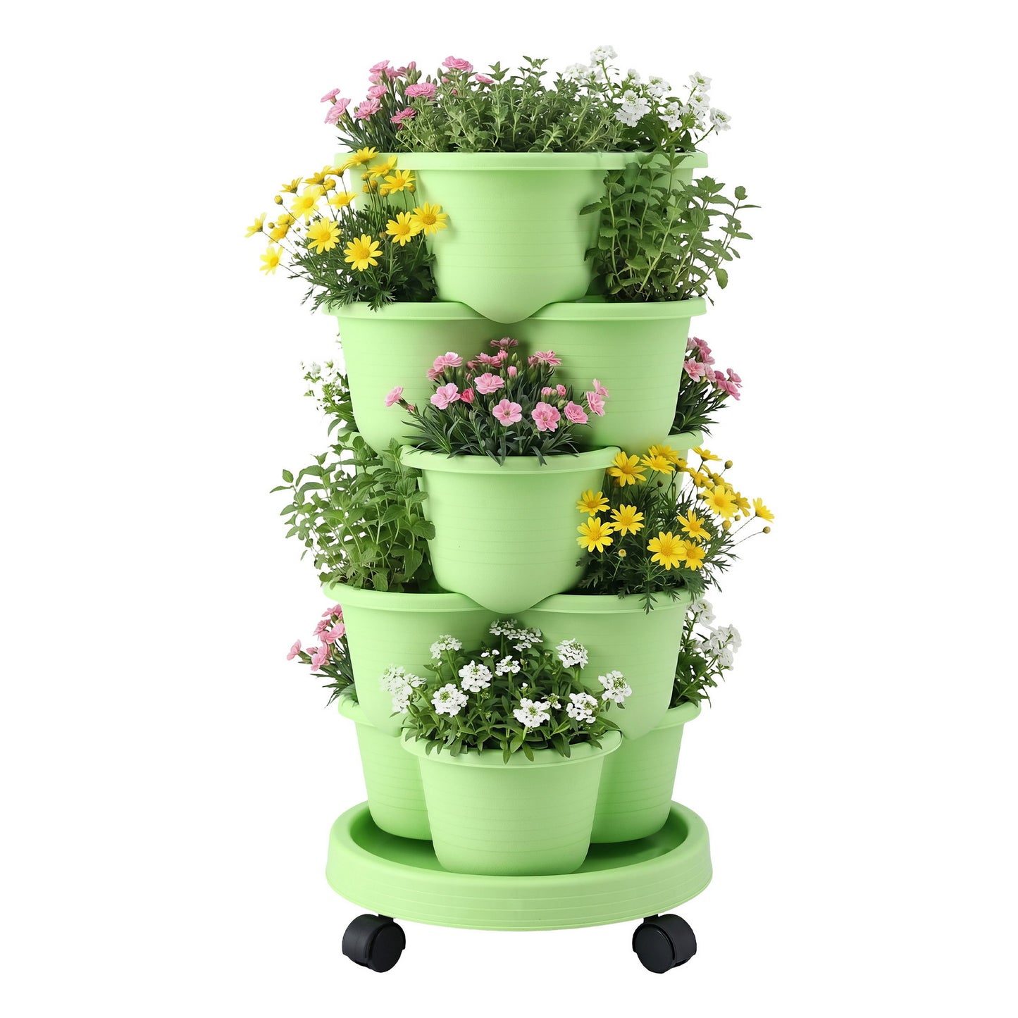 Green Fingers 5 Tier Vertical Garden Planter, Stackable Planters with Wheels, Light Green, Garden Bed, Garden Tower Indoor Outdoor, Auto Drainage System, for Strawberries, Herbs, Flowers, Vegetables