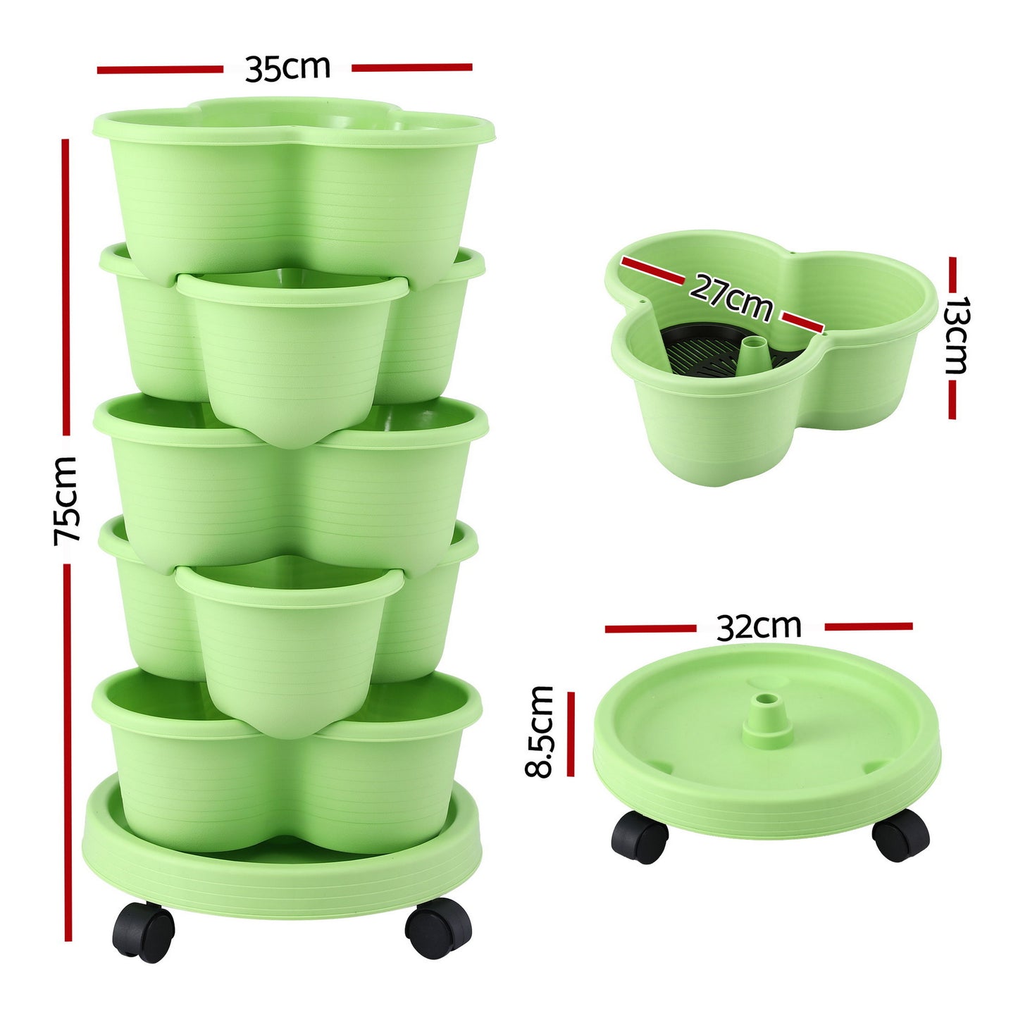 Green Fingers 5 Tier Vertical Garden Planter, Stackable Planters with Wheels, Light Green, Garden Bed, Garden Tower Indoor Outdoor, Auto Drainage System, for Strawberries, Herbs, Flowers, Vegetables