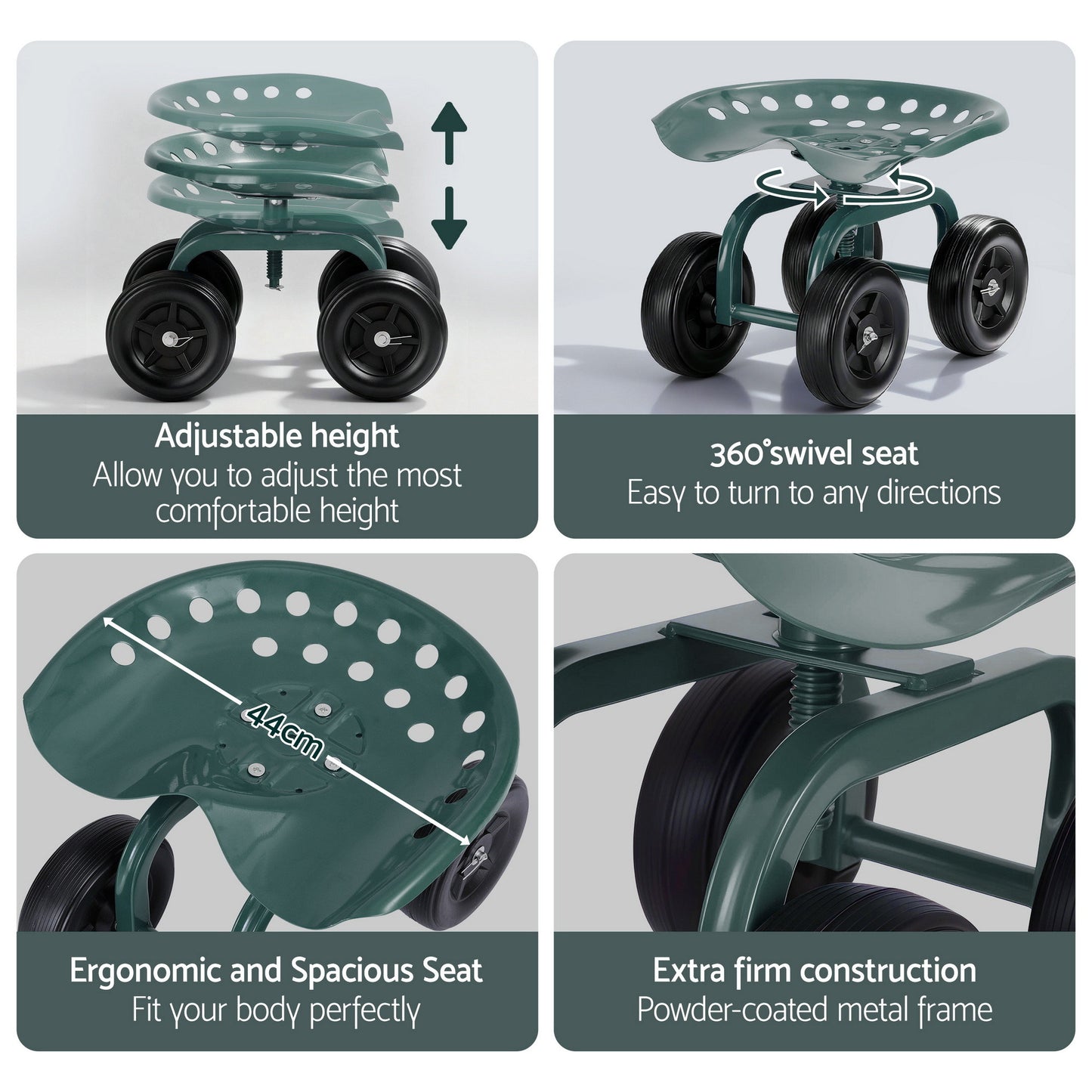 Gardeon Garden Seat 360 Swivel Rolling Adjustable Height Work Scooter Cart Wheels Heavy Duty 150kg