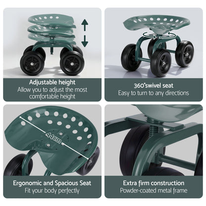 Gardeon Garden Seat 360 Swivel Rolling Adjustable Height Work Scooter Cart Wheels Heavy Duty 150kg