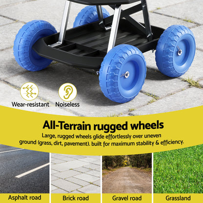 Gardeon Garden Cart Seat with Wheels, Rolling Work Stool with Tool Storage Tray, 440lbs (200kg) Heavy Duty Capacity Garden Stool for Outdoor Yard Work, Car Detailing, and Garage Maintenance, Blue/Black
