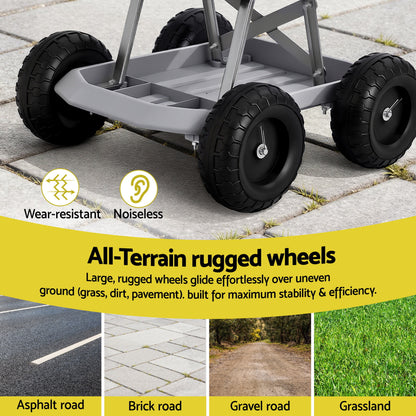 Gardeon Garden Cart Seat with Wheels, Rolling Work Stool with Tool Storage Tray, 440lbs (200kg) Heavy Duty Capacity Garden Stool for Outdoor Yard Work, Car Detailing, and Garage Maintenance, Grey/Black