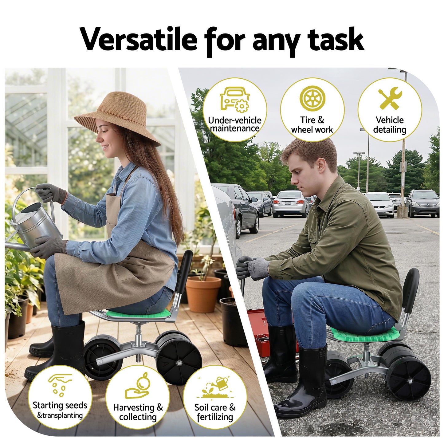 Gardeon Gardening Cart with 360° Swivel Seat | Rolling Work Seat with Adjustable Height & All-Terrain Wheels | 130KG Capacity Heavy Duty Garden Scooter for Back Pain Relief & Vehicle Detailing | Foldable Backrest & Ventilated Seat, Green