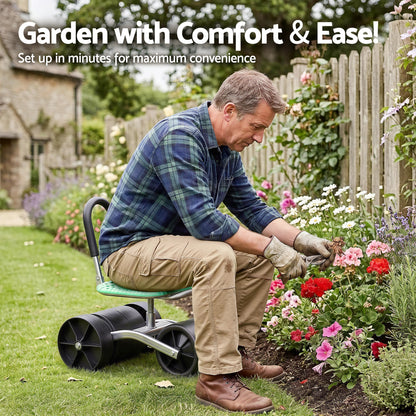 Gardeon Gardening Cart with 360° Swivel Seat | Rolling Work Seat with Adjustable Height & All-Terrain Wheels | 130KG Capacity Heavy Duty Garden Scooter for Back Pain Relief & Vehicle Detailing | Foldable Backrest & Ventilated Seat, Green