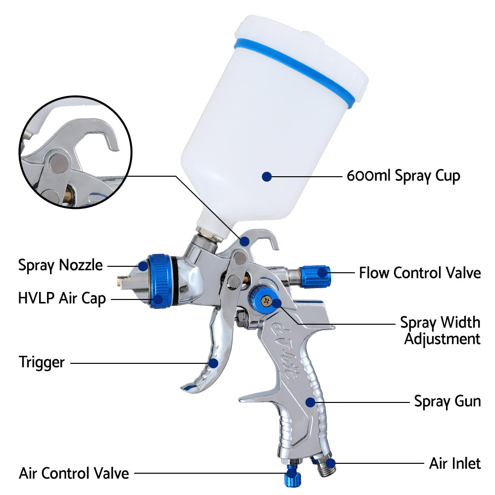 Giantz HVLP Air Spray Gun Gravity Feed Cup Nozzles Included