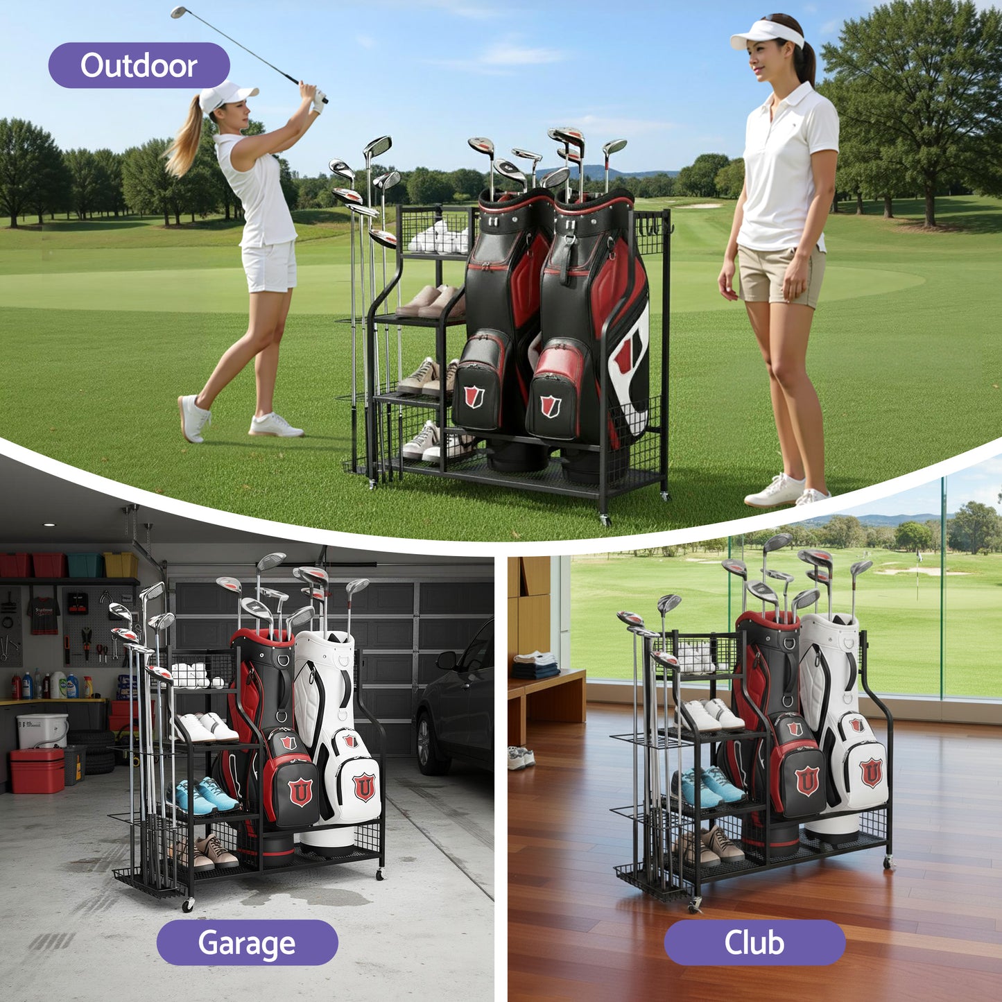 Everfit Golf Bag Storage Golf Storage Garage Organizer with Wheels Black