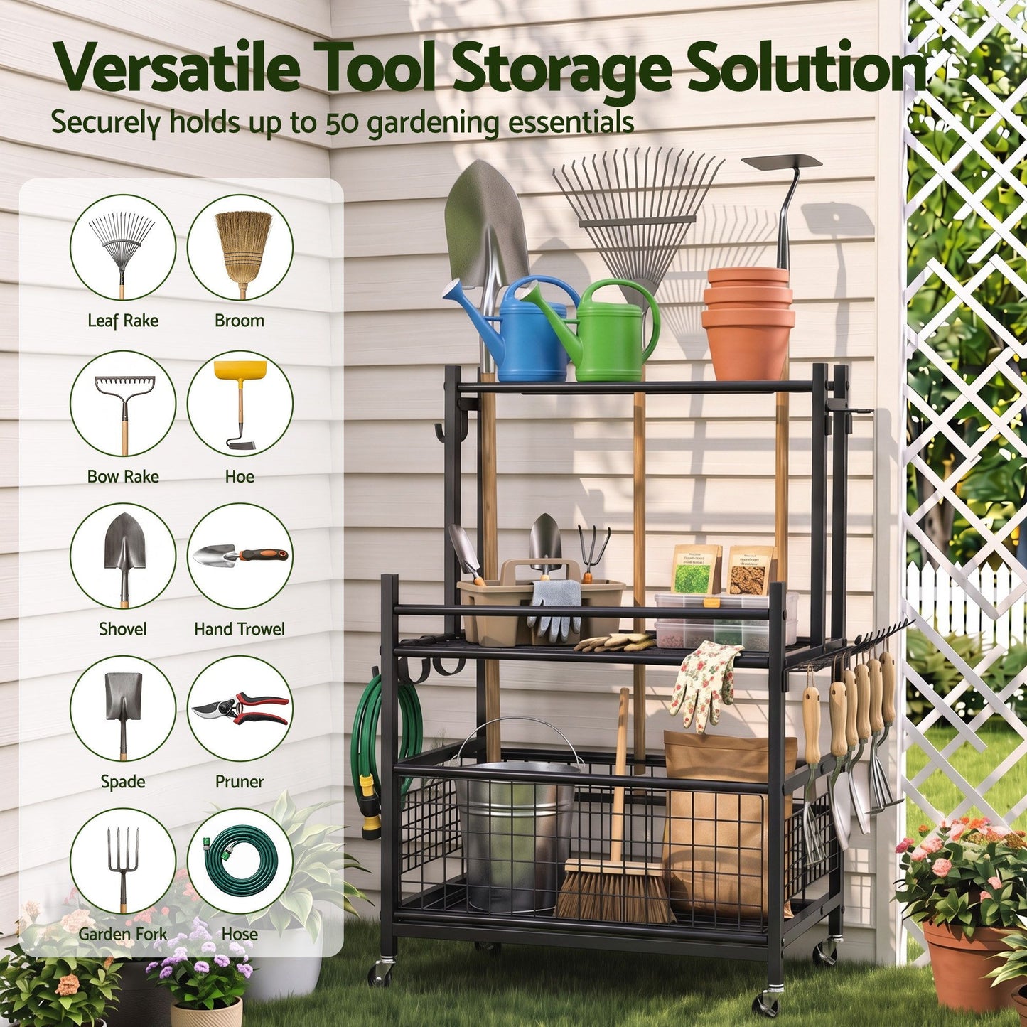 Gardeon Garden Tool Organizer Rack 16 Slots Rolling Garage Storage with Hooks