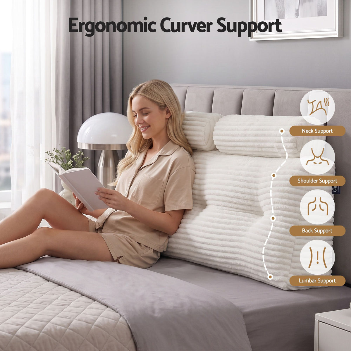 Giselle wedge pillow headboard with non-flattening shredded foam core, perfect for dorm reading or sofa lap desk, 330g corduroy cover, side pockets, Double