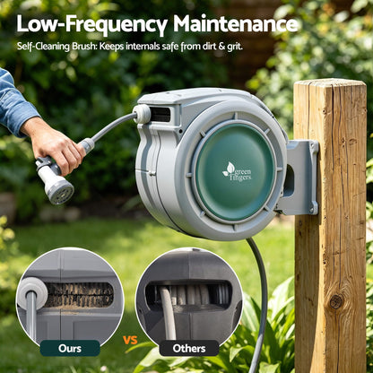 Green Fingers 10m Retractable Water Hose Reel, Wall Mounted Garden Hose 9-Pattern Nozzle