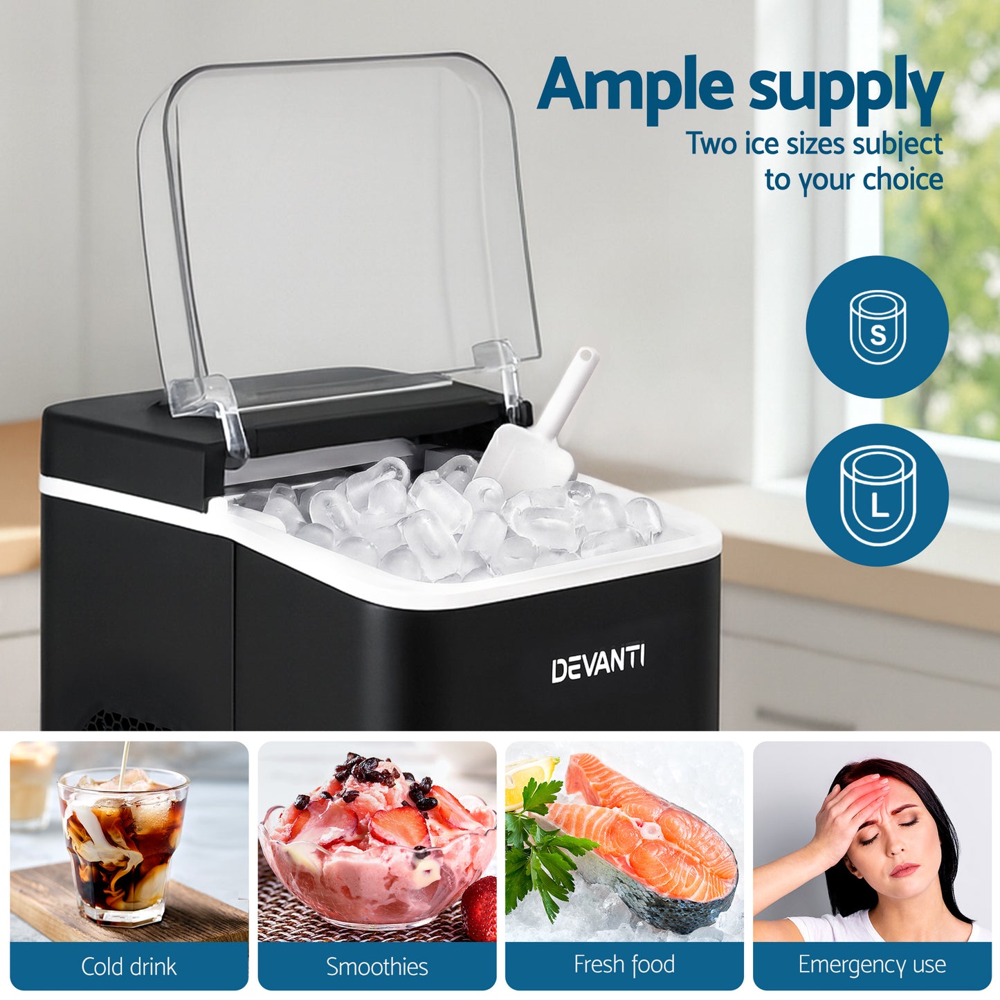 Devanti Ice Maker Machine Portable 12kg Countertop w/Self Cleaning 1.2L Black
