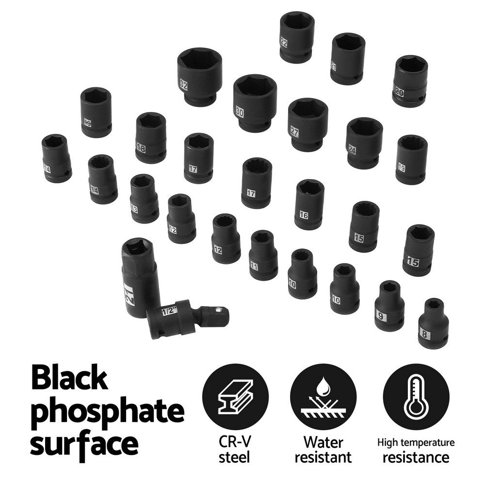 Giantz 30Pc 1/2" Drive Socket Set Cr-V Steel 8-32mm Workshop Repair