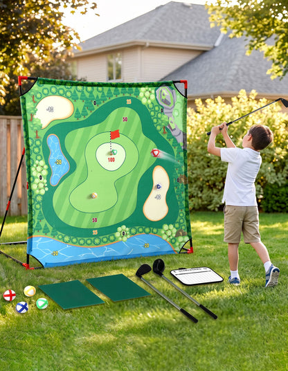 Keezi Kids Golf Chipping Game Set with Stand, 24 Sticky Balls, Adjustable Club & 2 Hitting Mats for Indoor Outdoor Ages 3-12 Play