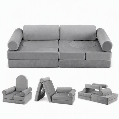 Keezi 12PCS Modular Kids Sofa Play Couch Foam Set with Removable Washable Cover Grey Playroom