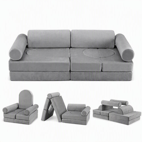 Keezi 12PCS Modular Kids Sofa Play Couch Foam Set with Removable Washable Cover Grey Playroom