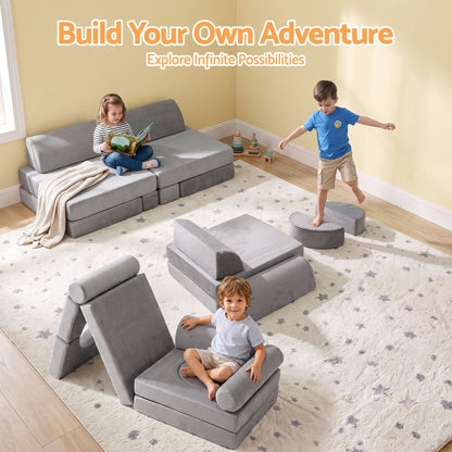 Keezi 12PCS Modular Kids Sofa Play Couch Foam Set with Removable Washable Cover Grey Playroom