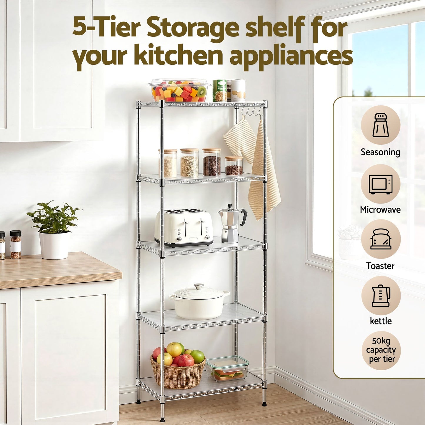 Artiss 5-Tier Kitchen Rack Shelf Shelving Unit 60x35x150CM Adjustable Metal Storage Shelves Silver