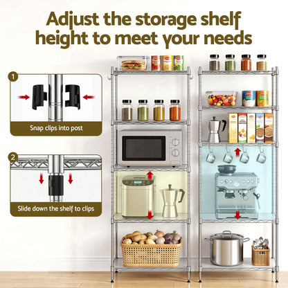 Artiss 5-Tier Kitchen Rack Shelf Shelving Unit 60x35x150CM Adjustable Metal Storage Shelves Silver