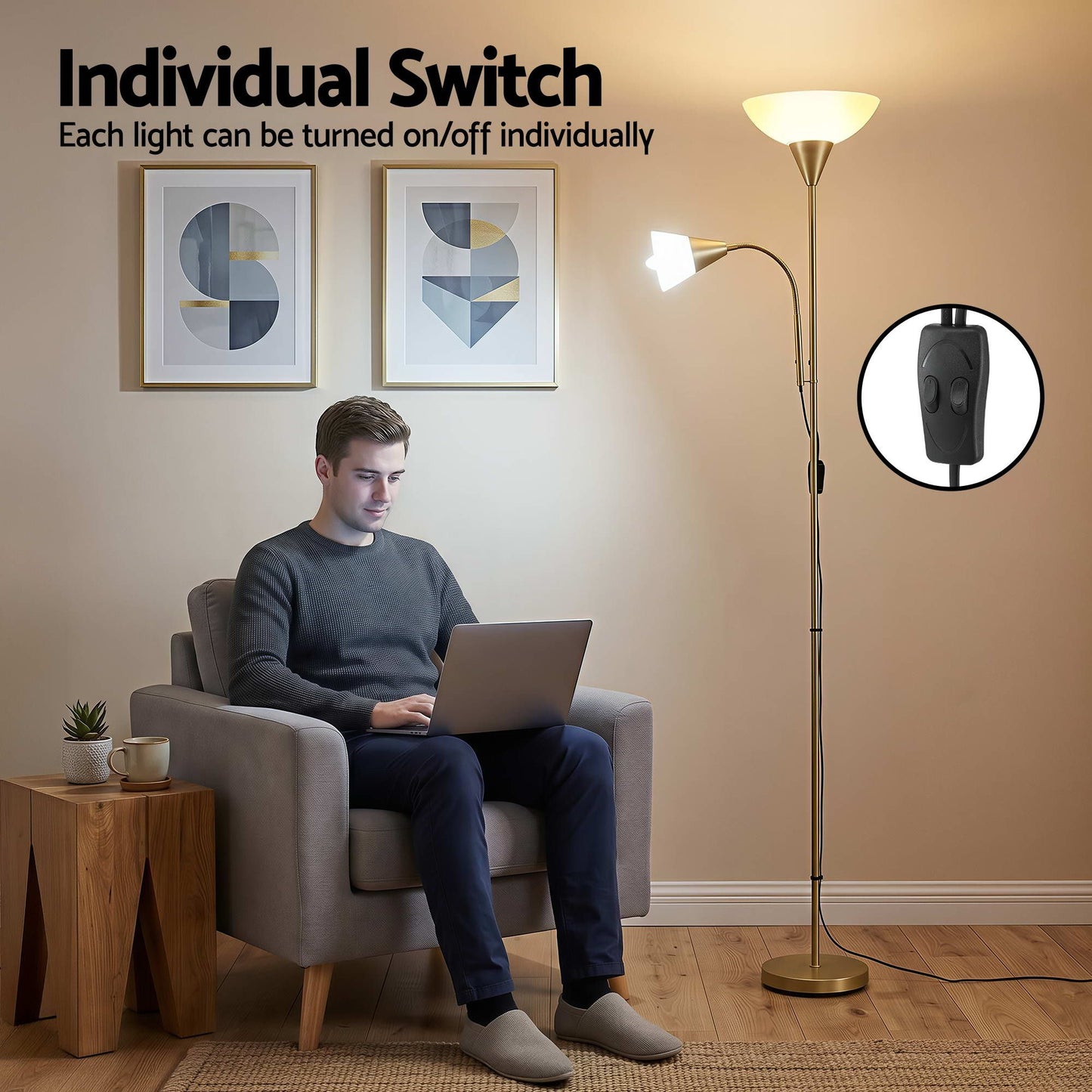 Artiss Gold Floor Lamp with Reading Light | Mother and Child Standing Lamp with 360 Flexible Gooseneck, Individual Switch & Plate Shade, E27 & E14 Bulb (Not Included) Home Living Room Office Reading