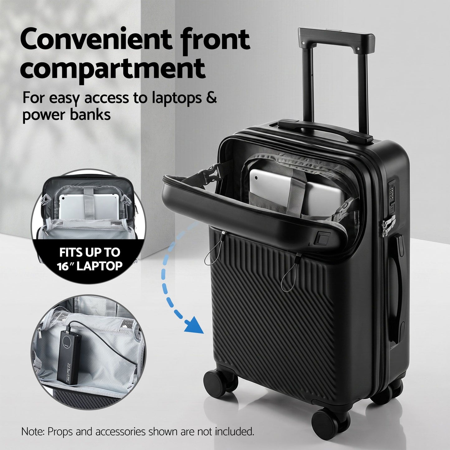 Wanderlite 20" Luggage Suitcase Front Pocket Travel Carry On TSA Black