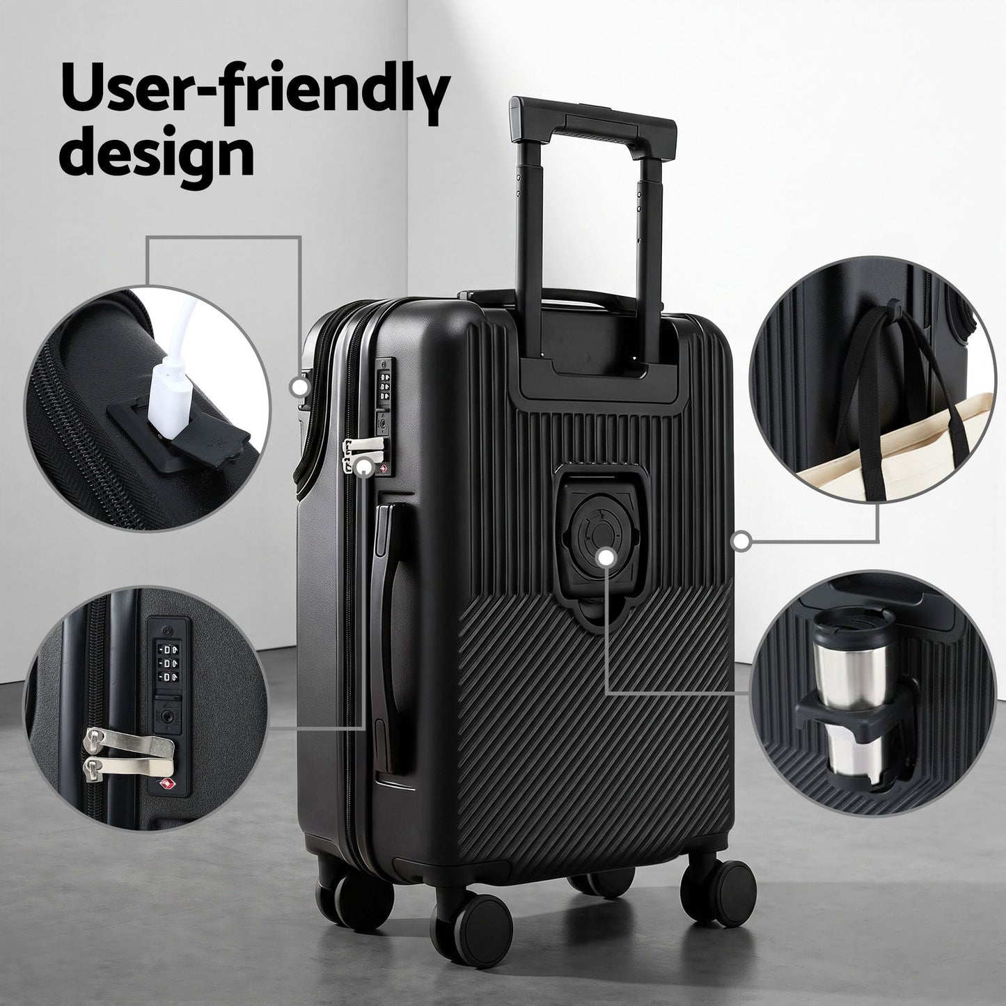 Wanderlite 20" Luggage Suitcase Front Pocket Travel Carry On TSA Black