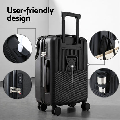 Wanderlite 20" Luggage Suitcase Front Pocket Travel Carry On TSA Black