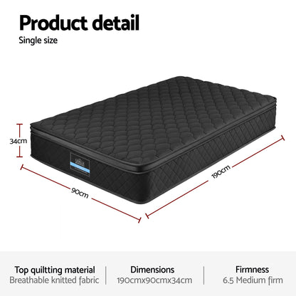 Giselle Bedding Single Mattress 34cm Euro Top with 5-Zone Pocket Spring Support Black