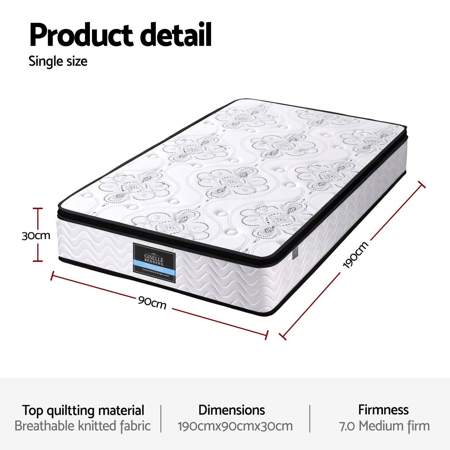 Giselle Bedding Single Mattress 30cm Pocket Spring Euro Top Medium Firm Foam