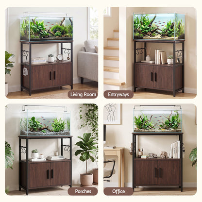 Artiss 20 Gallon Fish Tank Stand 3-Tier Aquarium Stand with Storage Cabinet and Open Shelf Walnut
