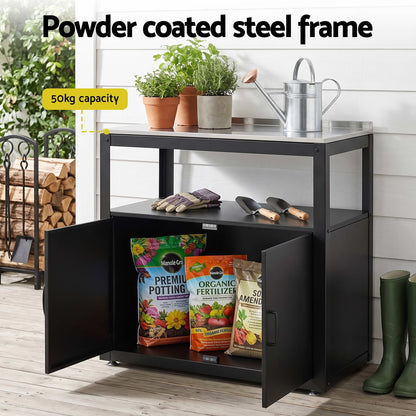 Gardeon Outdoor Storage Cabinet Garden Potting Bench Stainless Steel Table Top Black