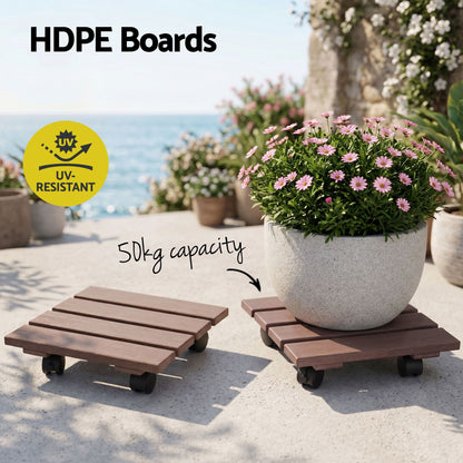 Gardeon 2PC Plant Carts HDPE Plant Caddy With Lockable Wheels Rolling Brown
