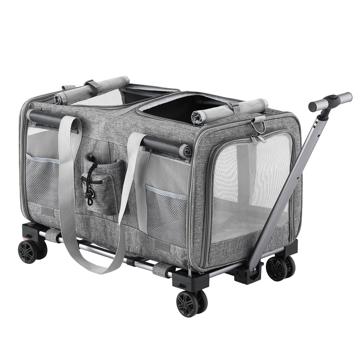 i.Pet Pet Carrier Swivel Wheels Foldable Cat Dog Trolley Stroller Travel Bag Grey