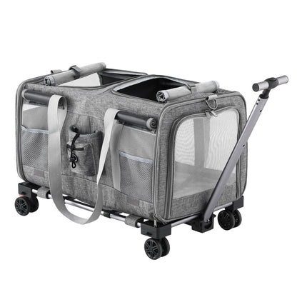 i.Pet Pet Carrier Swivel Wheels Foldable Cat Dog Trolley Stroller Travel Bag Grey