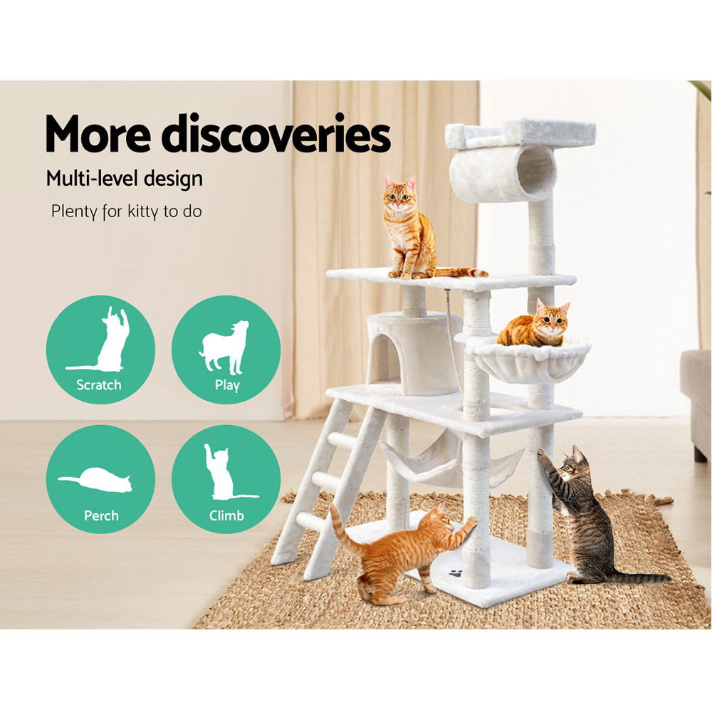 i.Pet Cat Tree 141cm Tower Scratching Post Scratcher Condo Wood House Bed Beige