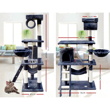 i.Pet Cat Tree 141cm Tower Scratching Post Scratcher Condo Wood House Bed Grey