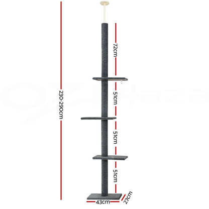 i.Pet Cat Tree 290cm Tower Scratching Post Scratcher Floor to Ceiling Cats Bed Grey