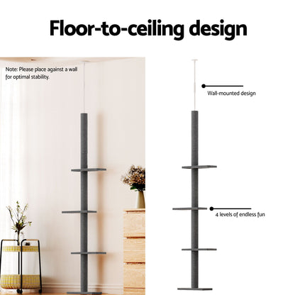 i.Pet Cat Tree 290cm Tower Scratching Post Scratcher Floor to Ceiling Cats Bed Grey