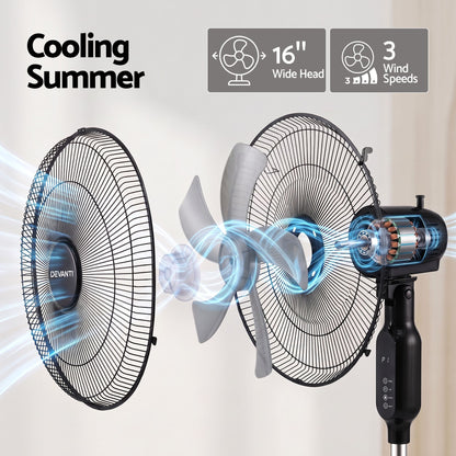 DEVANTI 16" Pedestal Fan with Remote 3 Speeds 8H Timer, Black