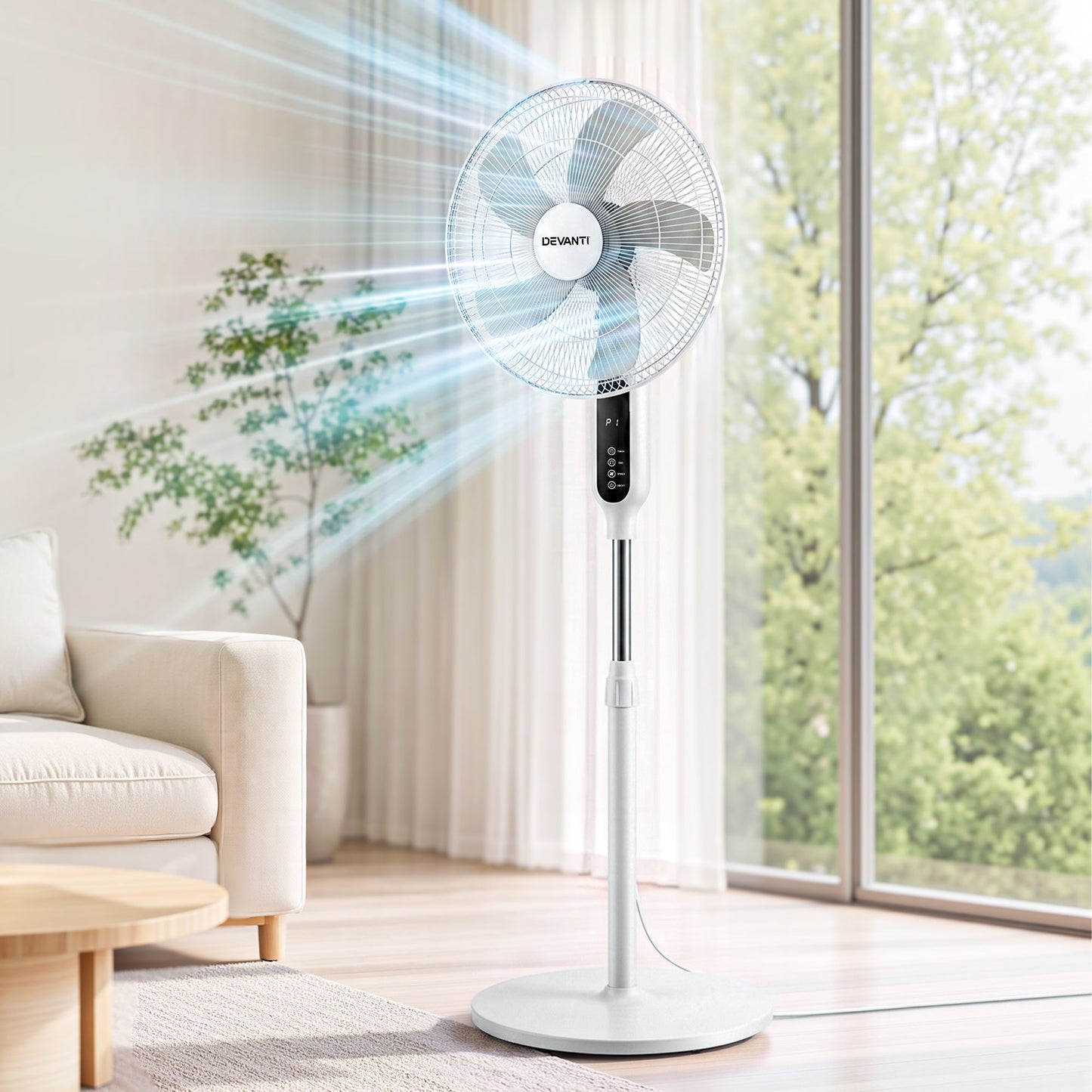 DEVANTI 16" Pedestal Fan with Remote 3 Speeds 8H Timer, White