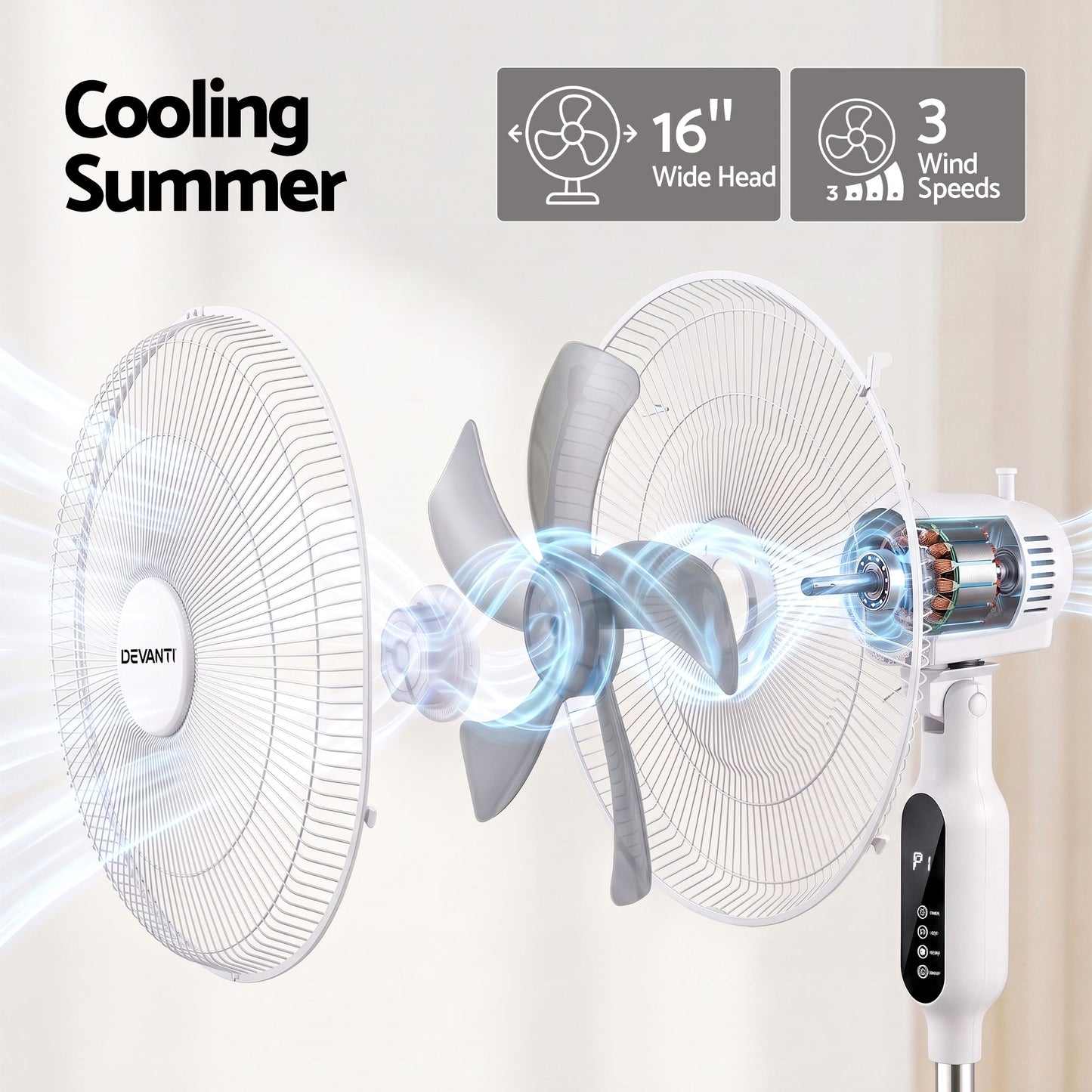 DEVANTI 16" Pedestal Fan with Remote 3 Speeds 8H Timer, White