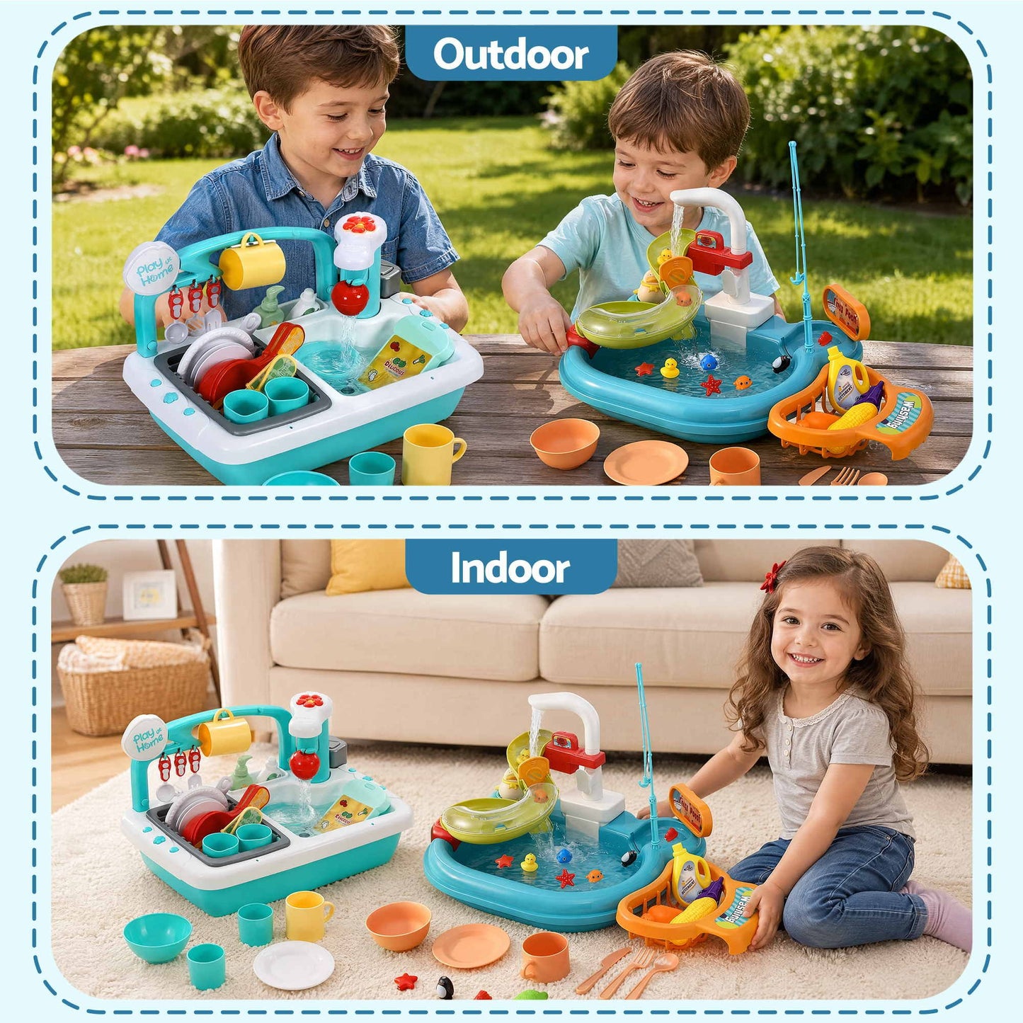 Keezi Kids Pretend Kitchen Sink and Water Playset Fishing Game Toys Play food