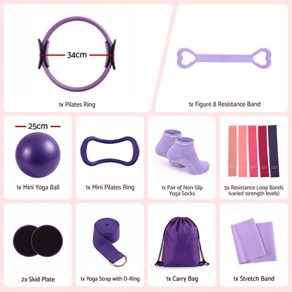 Everfit Pilates Ring Set for Women, 15pcs Home Workout Pilates Equipment with Ring, Ball, Yoga Socks, D-Ring etc. Pilates Starter Kit for Strength, Toning and Flexibility Purple