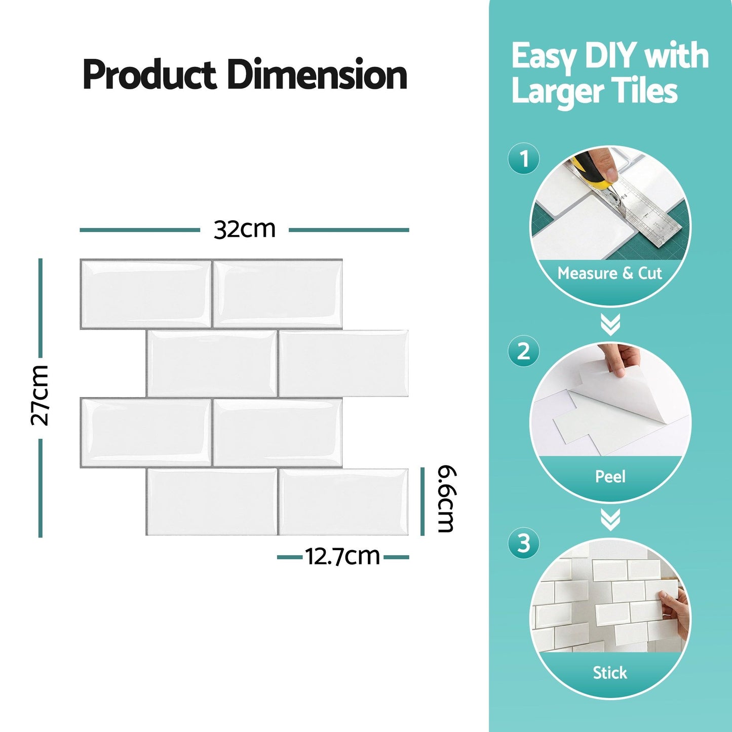 Artiss 3D Peel and Stick Wall Tiles Self Adhesive Subway Backsplash 10 Sheets, White