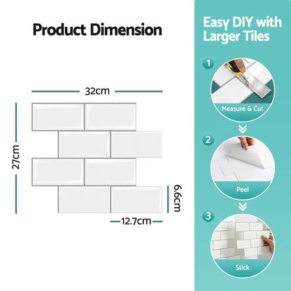 Artiss 3D Peel and Stick Wall Tiles Self Adhesive Subway Backsplash 10 Sheets, White