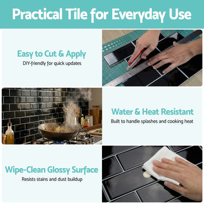 Artiss 3D Peel and Stick Wall Tiles Self Adhesive Subway Backsplash 10 Sheets, Black