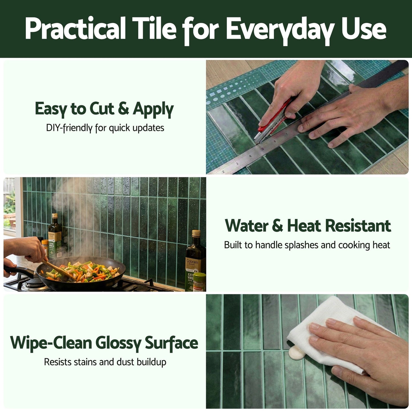 Artiss 3D Peel and Stick Wall Tiles Self Adhesive LinearGrid Backsplash 10 Sheets, Green