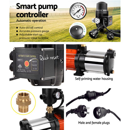 Giantz 1800W Max 5-Stage Garden Water Pump High Pressure Irrigation Booster Pump, Automatic Multi-Stage External Sprinkler Pump for Rainwater Tank Transfer, Home Farm Lawn, Black